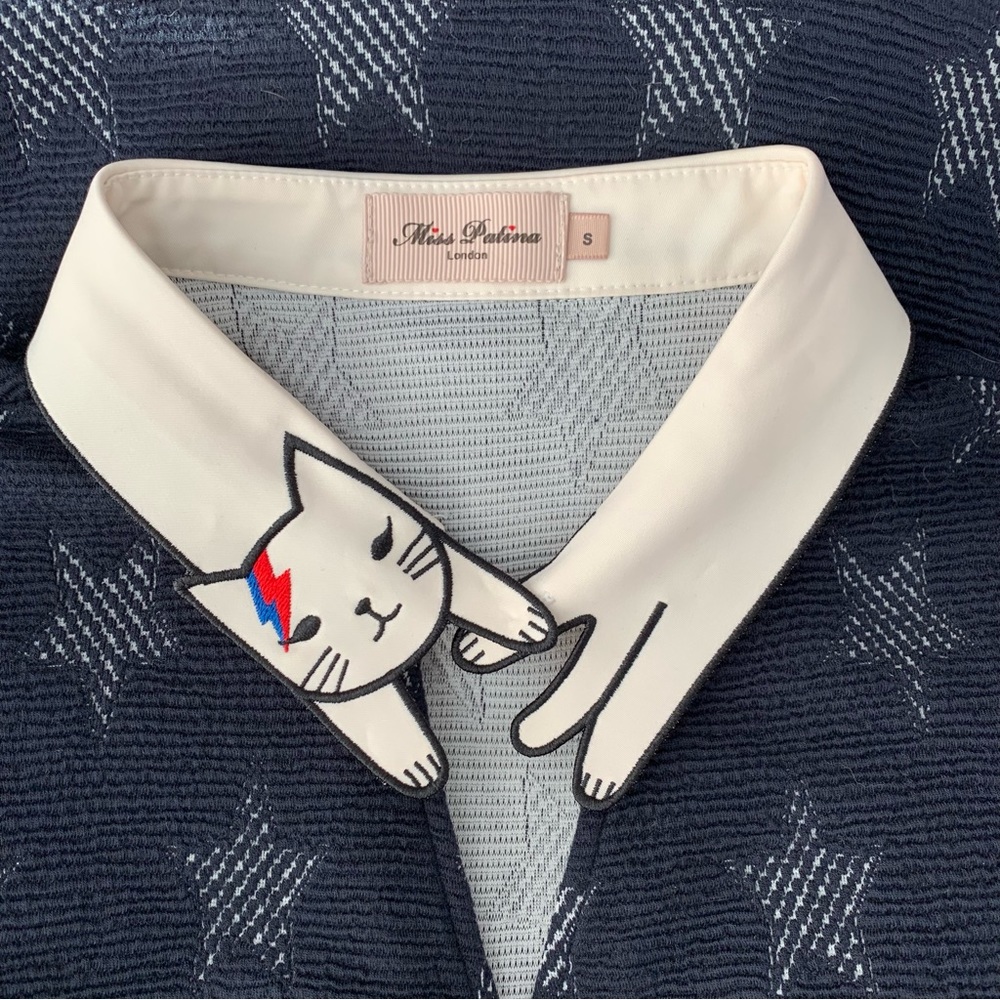 Miss Patina Cat Collar Bowie Stars Long-Sleeve Dress, Size Small